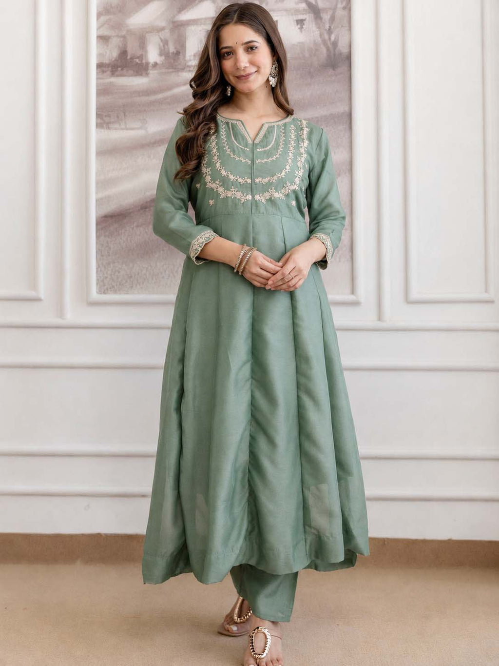 Embroidery Vichitra Silk Anarkali Kurta Pant Set With Dupatta