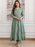 Embroidery Vichitra Silk Anarkali Kurta Pant Set With Dupatta