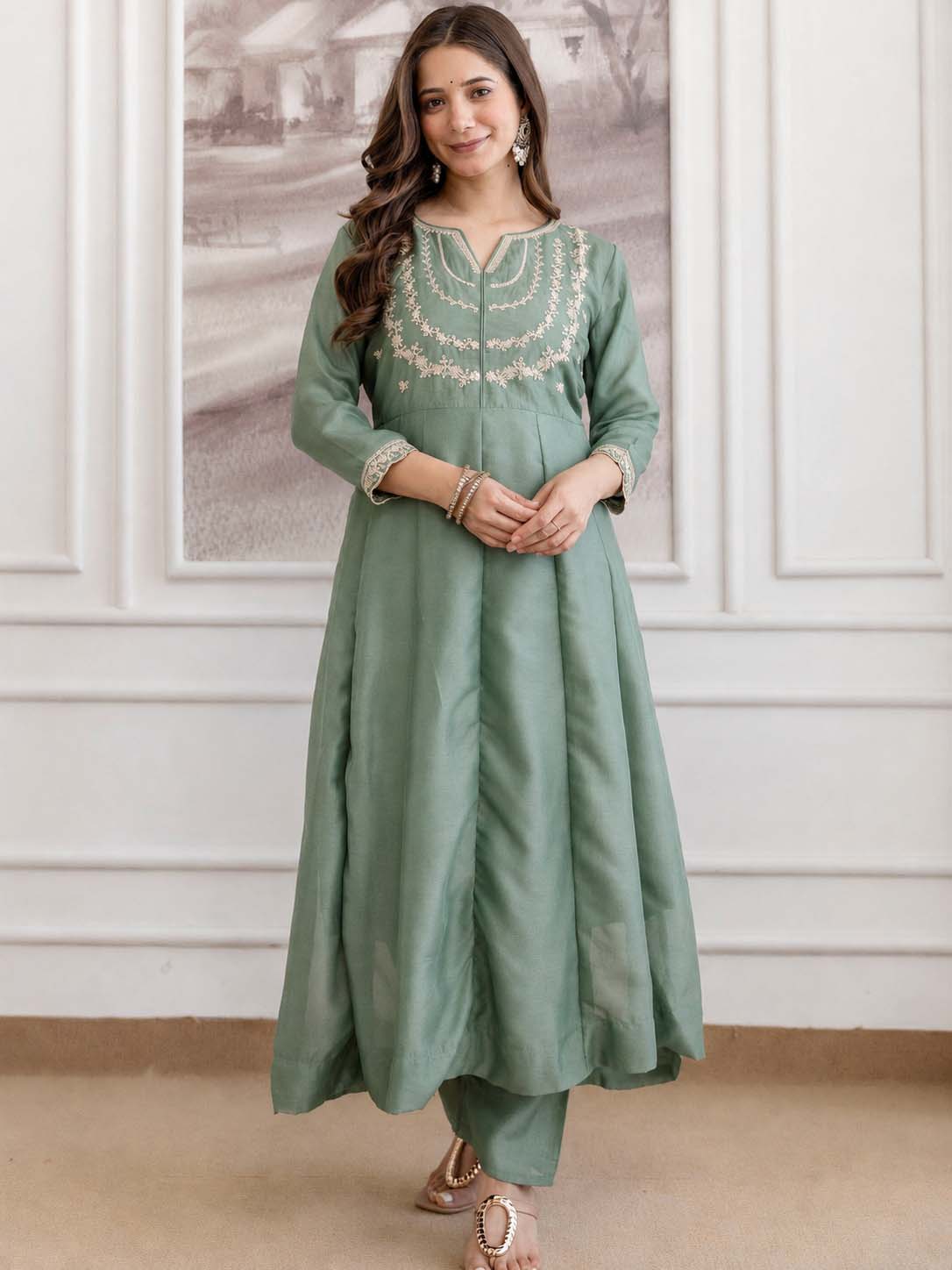 Embroidery Vichitra Silk Anarkali Kurta Pant Set With Dupatta