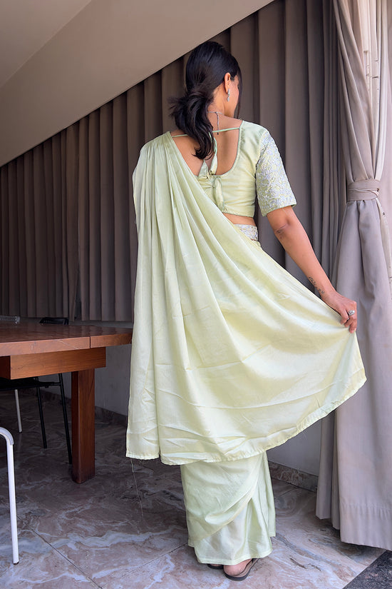 Ready To Wear Chinon Embroidery Work Saree With Stitched Blouse