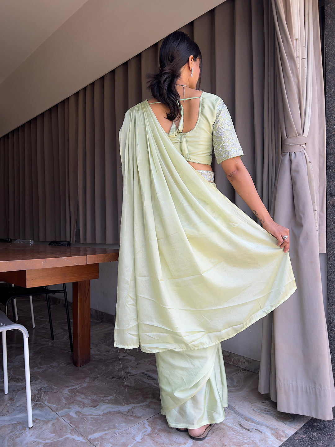 Ready To Wear Chinon Embroidery Work Saree With Stitched Blouse