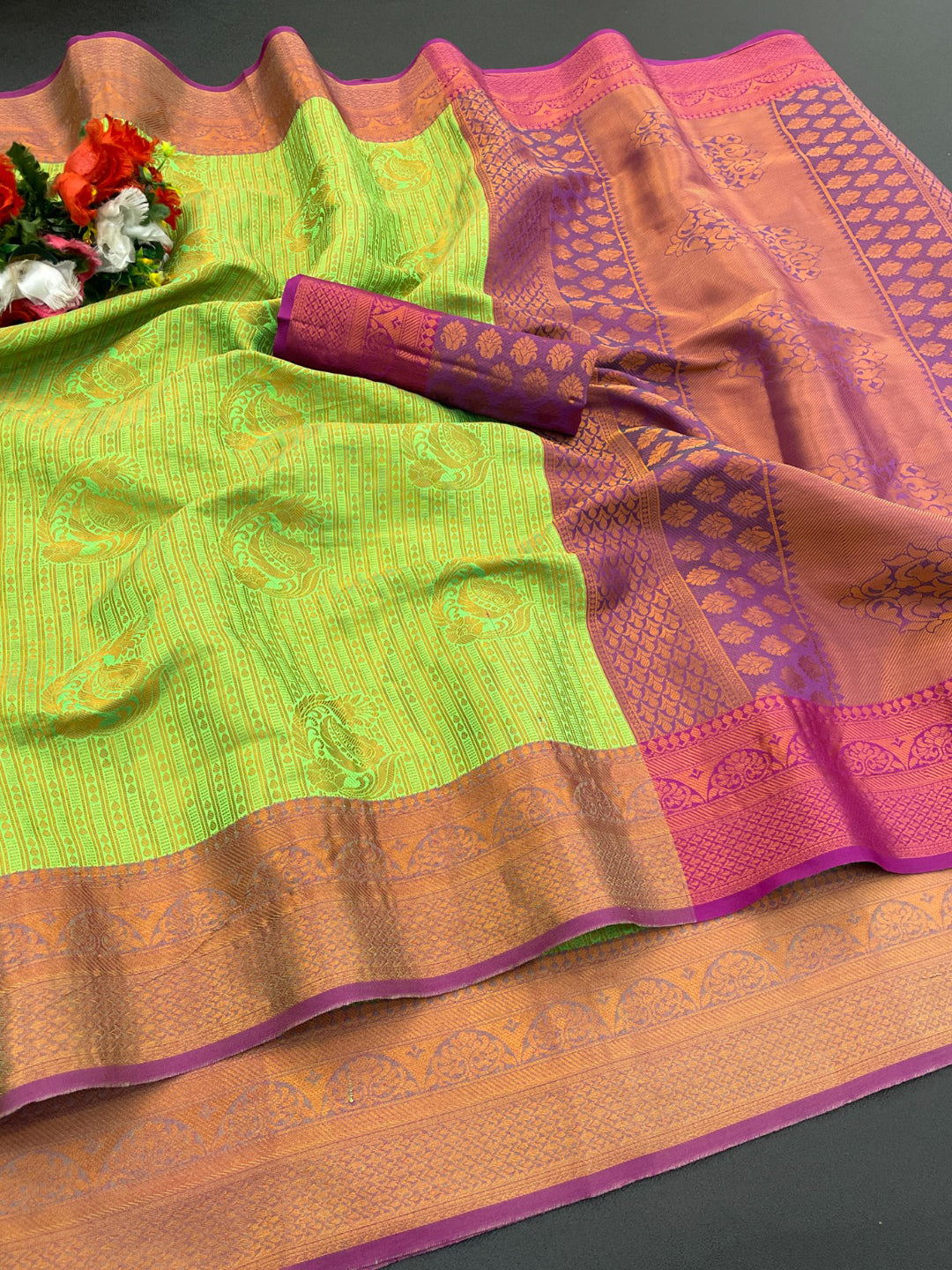 Woven Kanjivaram Soft Silk Copper Rich Pallu Saree