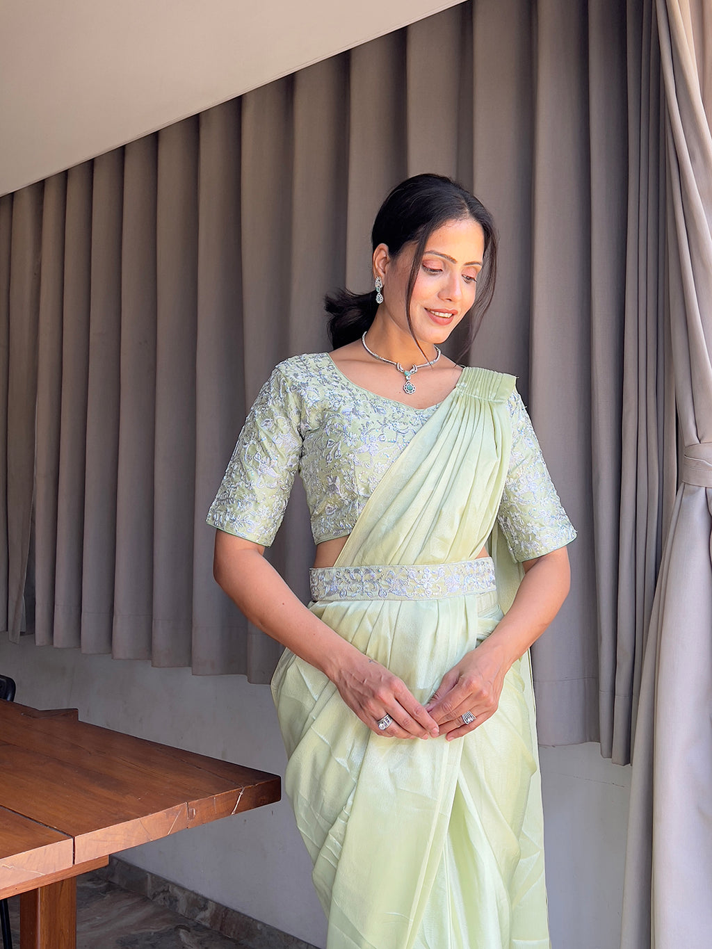 Ready To Wear Chinon Embroidery Work Saree With Stitched Blouse