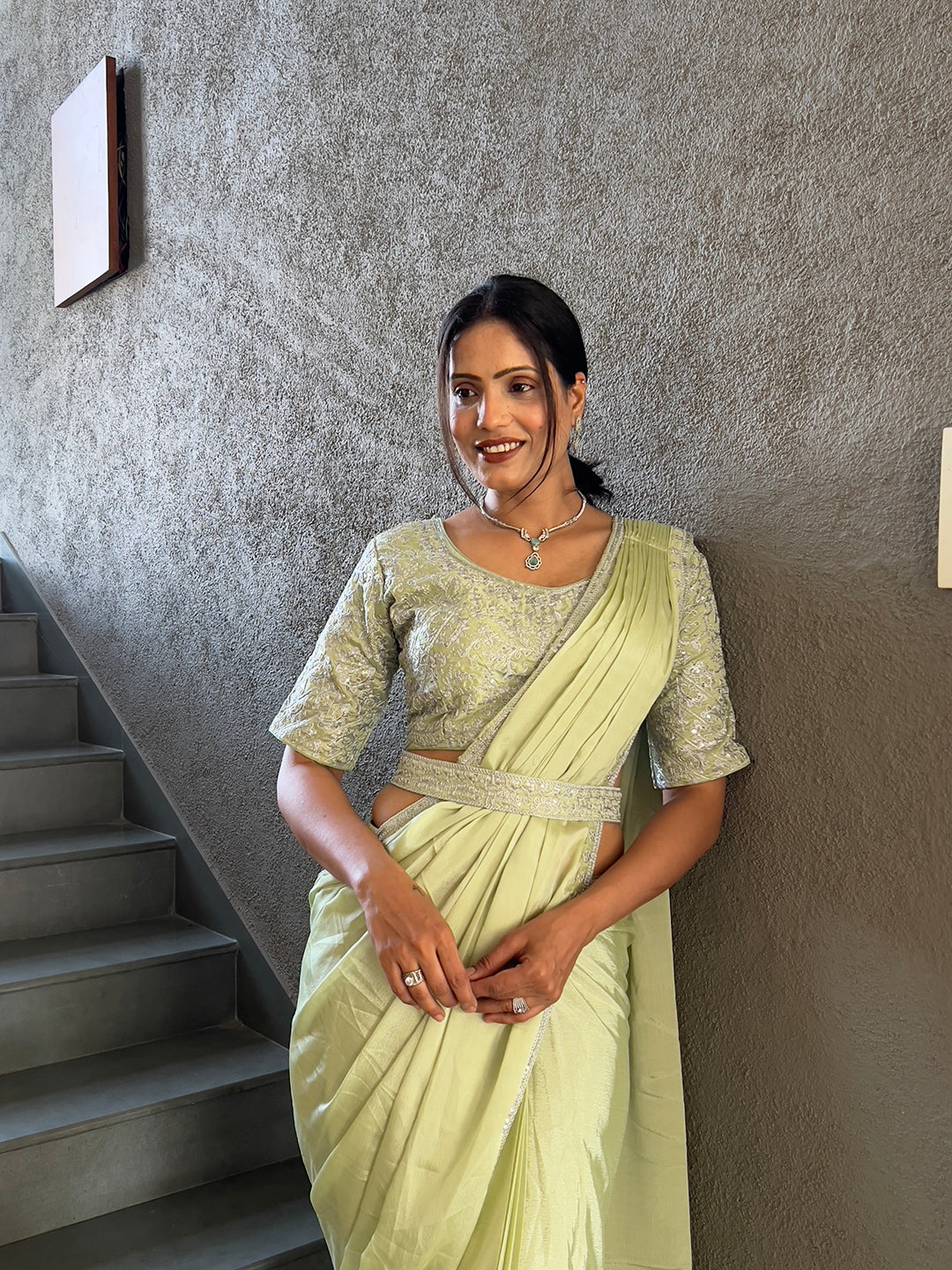 Ready To Wear Chinon Embroidery Work Saree With Stitched Blouse