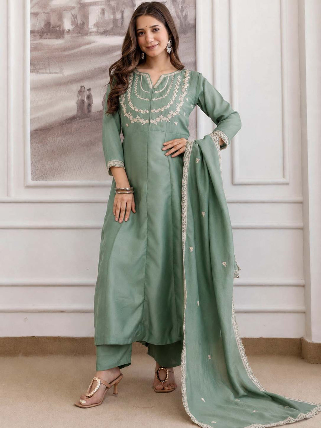 Embroidery Vichitra Silk Anarkali Kurta Pant Set With Dupatta