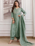 Embroidery Vichitra Silk Anarkali Kurta Pant Set With Dupatta - Pionex Fab