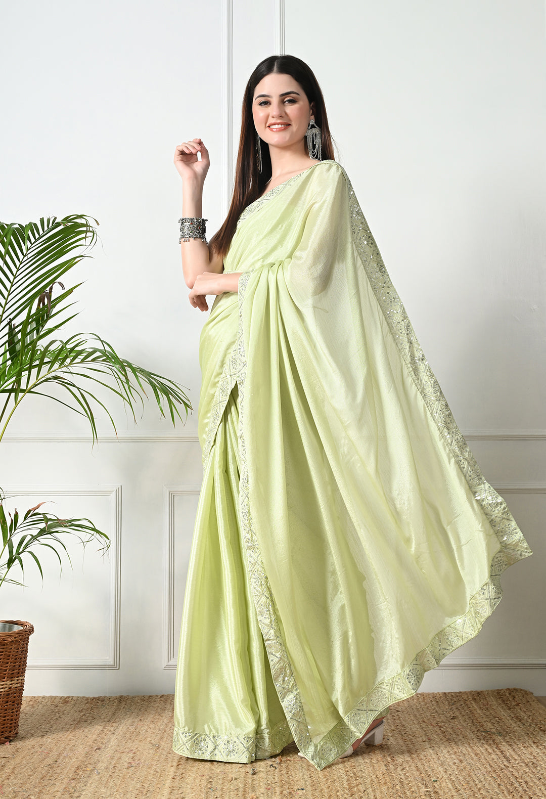 Chinon Solid Saree with Embroidered Lace Border