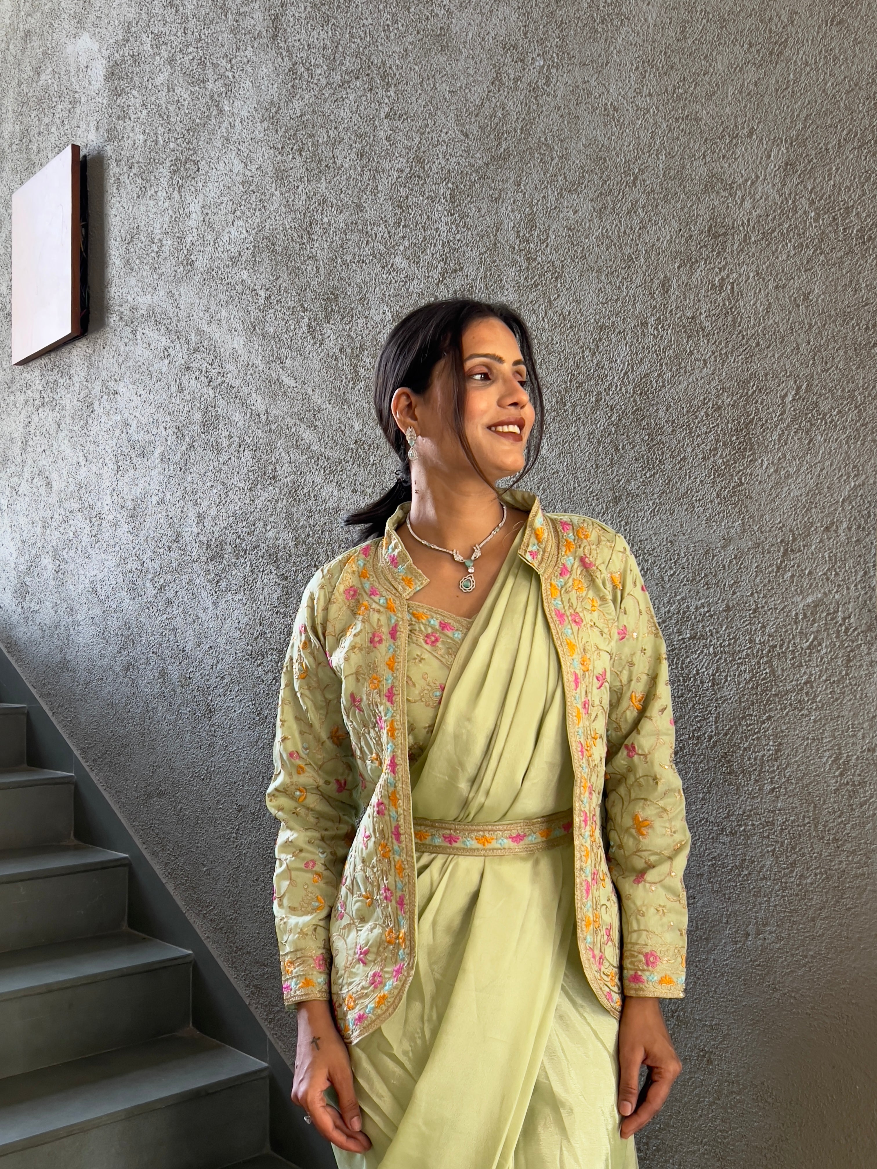 Heavy Chinon Jacket Saree With Blouse and Cording Embroidered Work