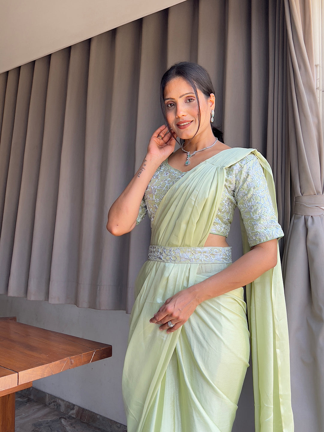 Ready To Wear Chinon Embroidery Work Saree With Stitched Blouse
