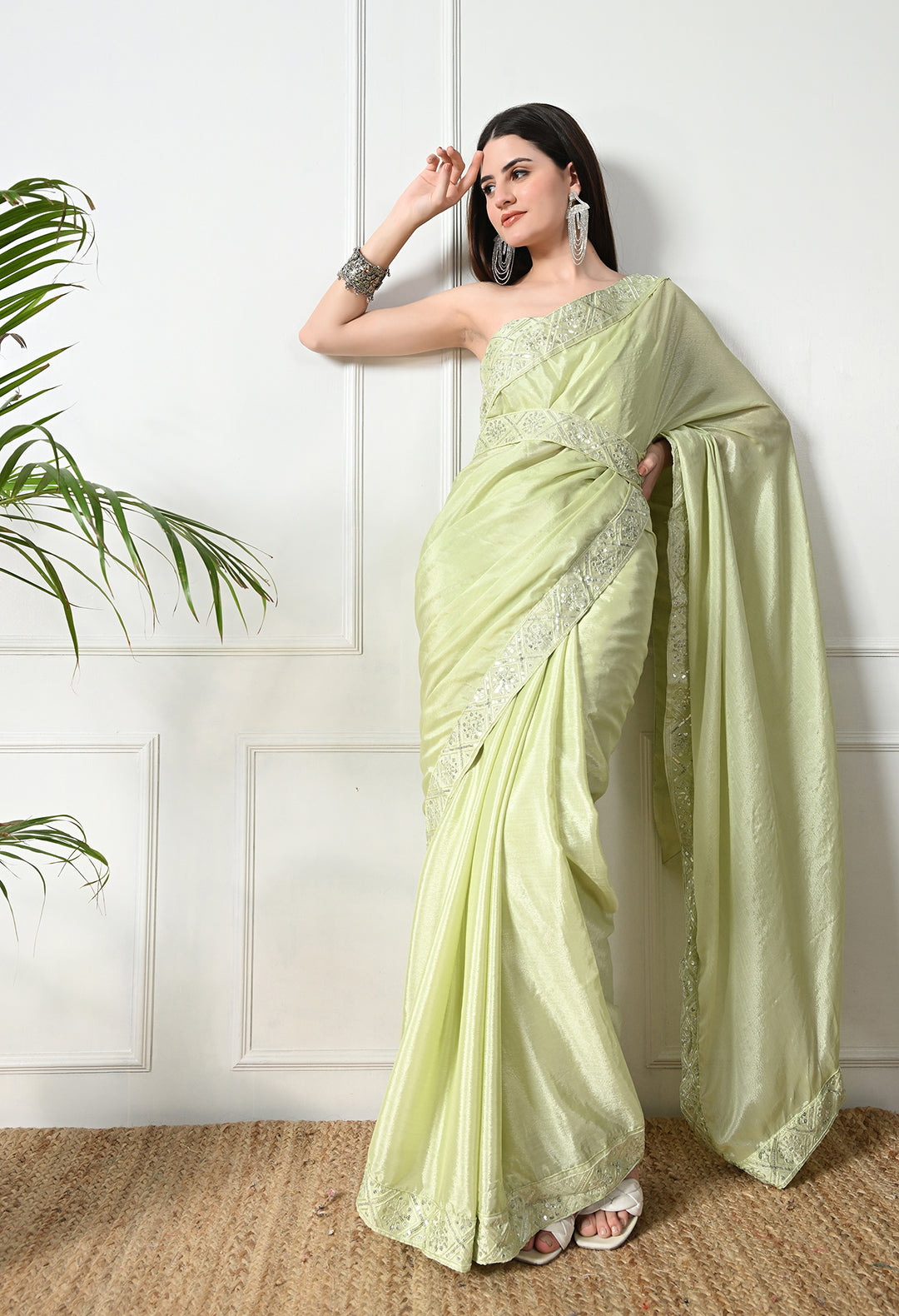 Chinon Solid Saree with Embroidered Lace Border