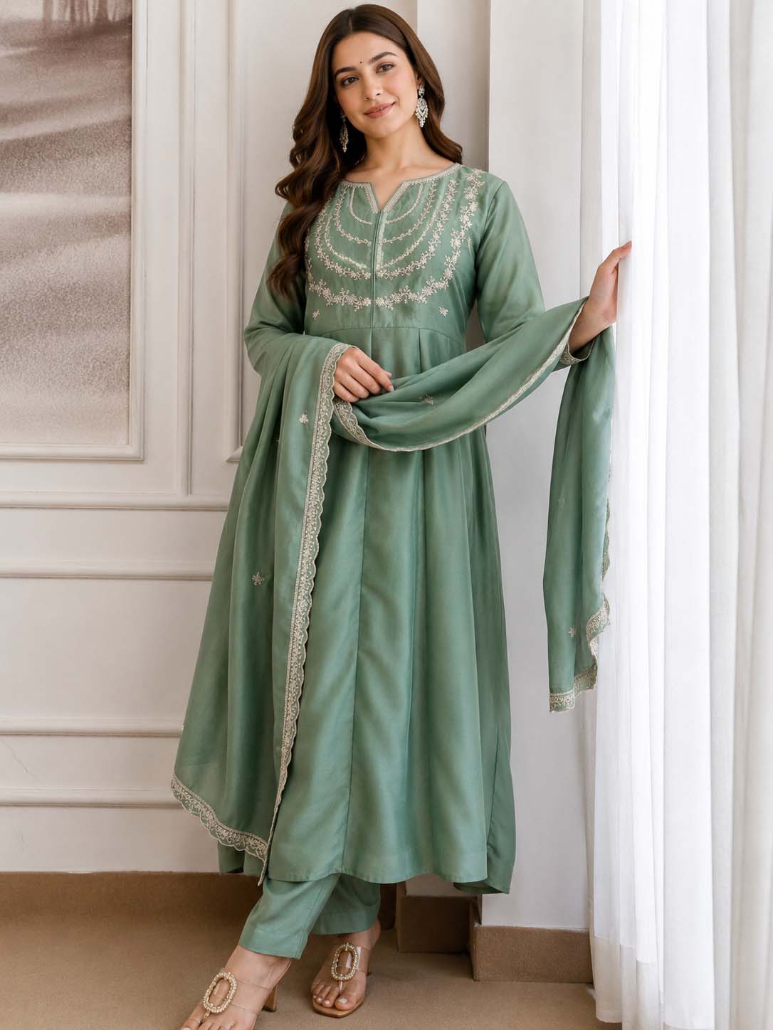 Embroidery Vichitra Silk Anarkali Kurta Pant Set With Dupatta