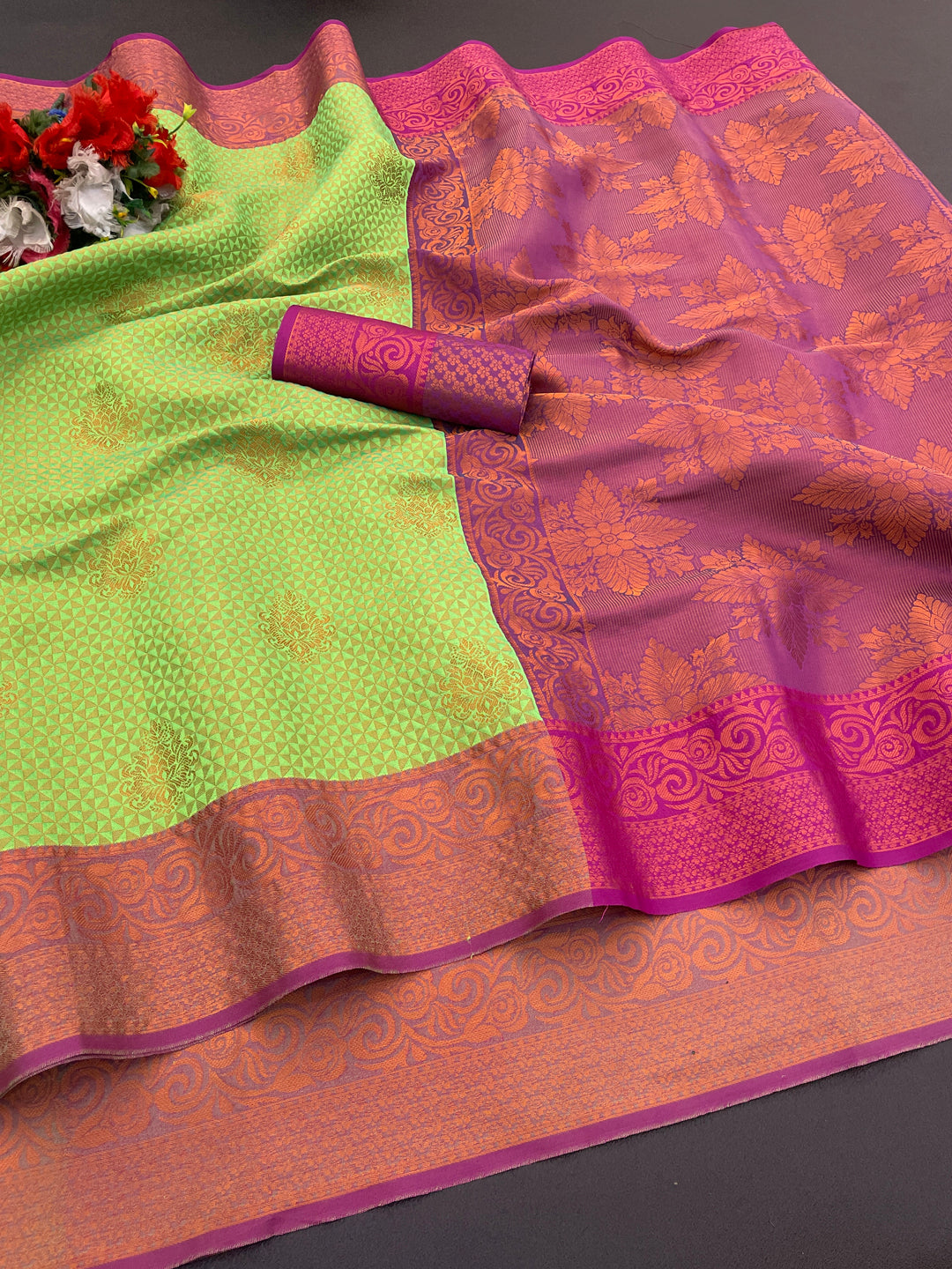 Woven Kanjivaram Soft Silk Copper Rich Pallu Saree