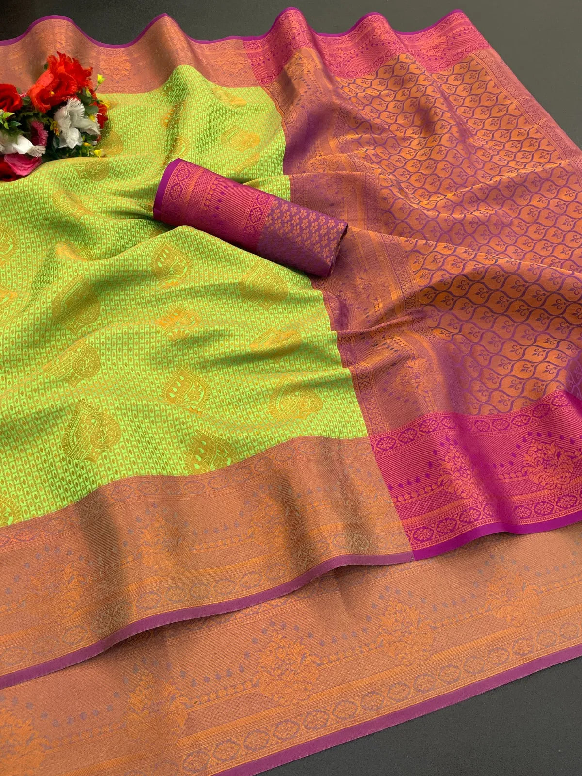 Woven Kanjivaram Soft Silk Copper Rich Pallu Saree