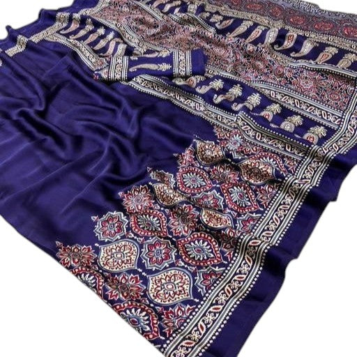 Soft Modal Silk Natural Ajrakh Printed Saree with Unstitched Blouse