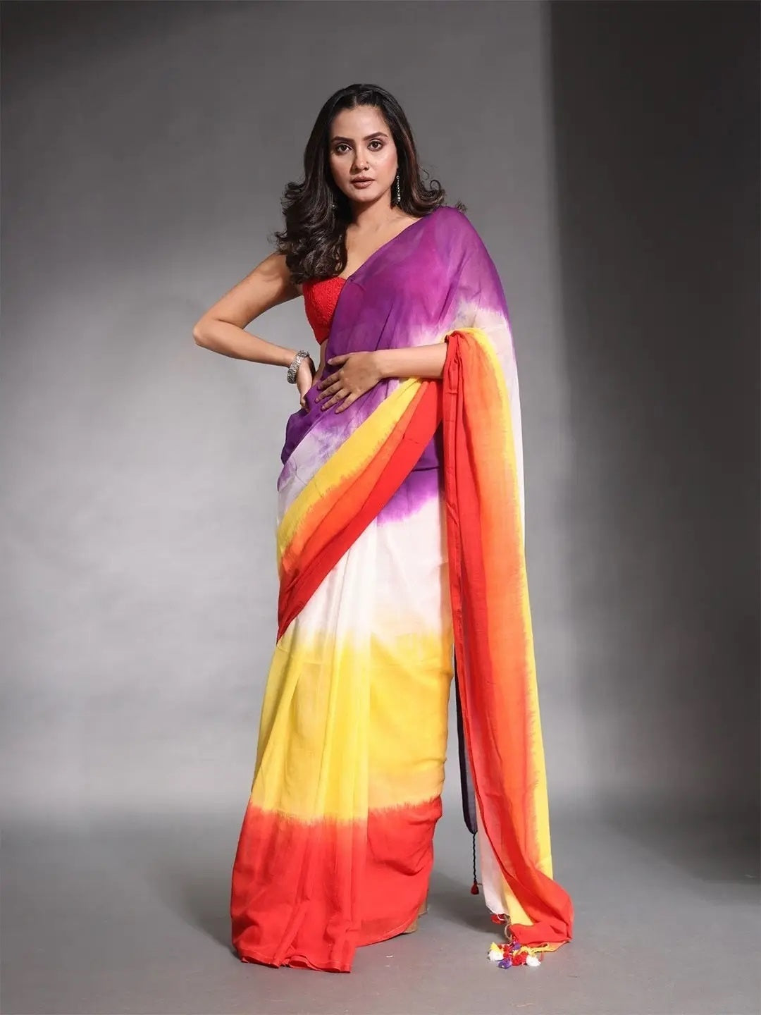 Multicolor Striped Cotton Linen Printed Saree