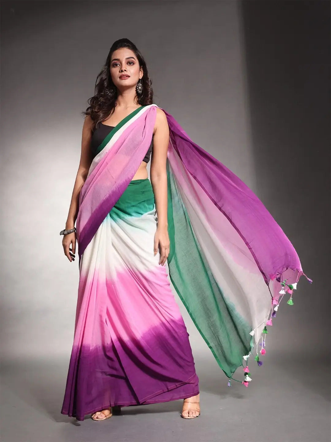 Multicolor Striped Cotton Linen Printed Saree