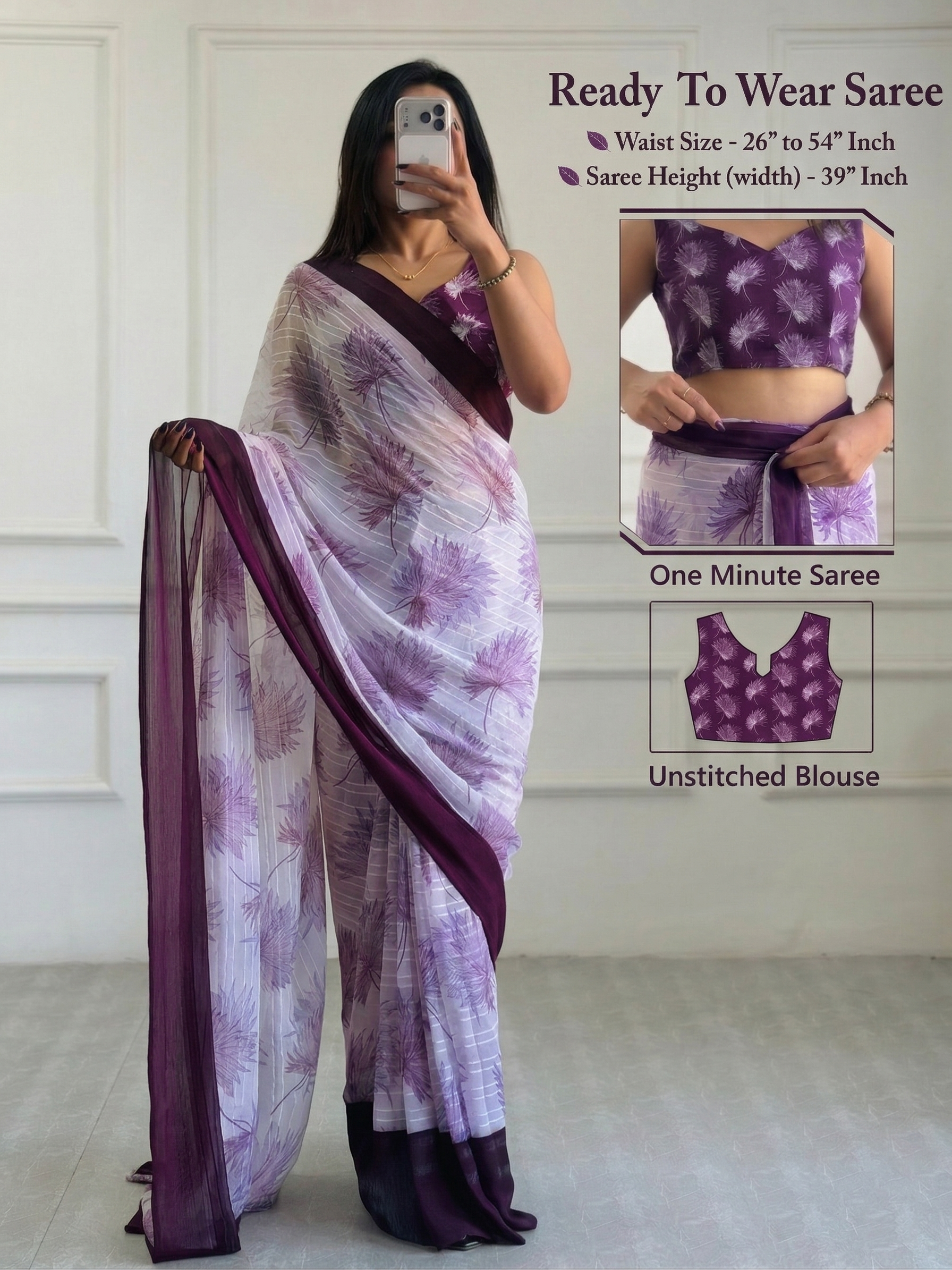 1-Mintue Ready To Wear Chiffon Printed Saree