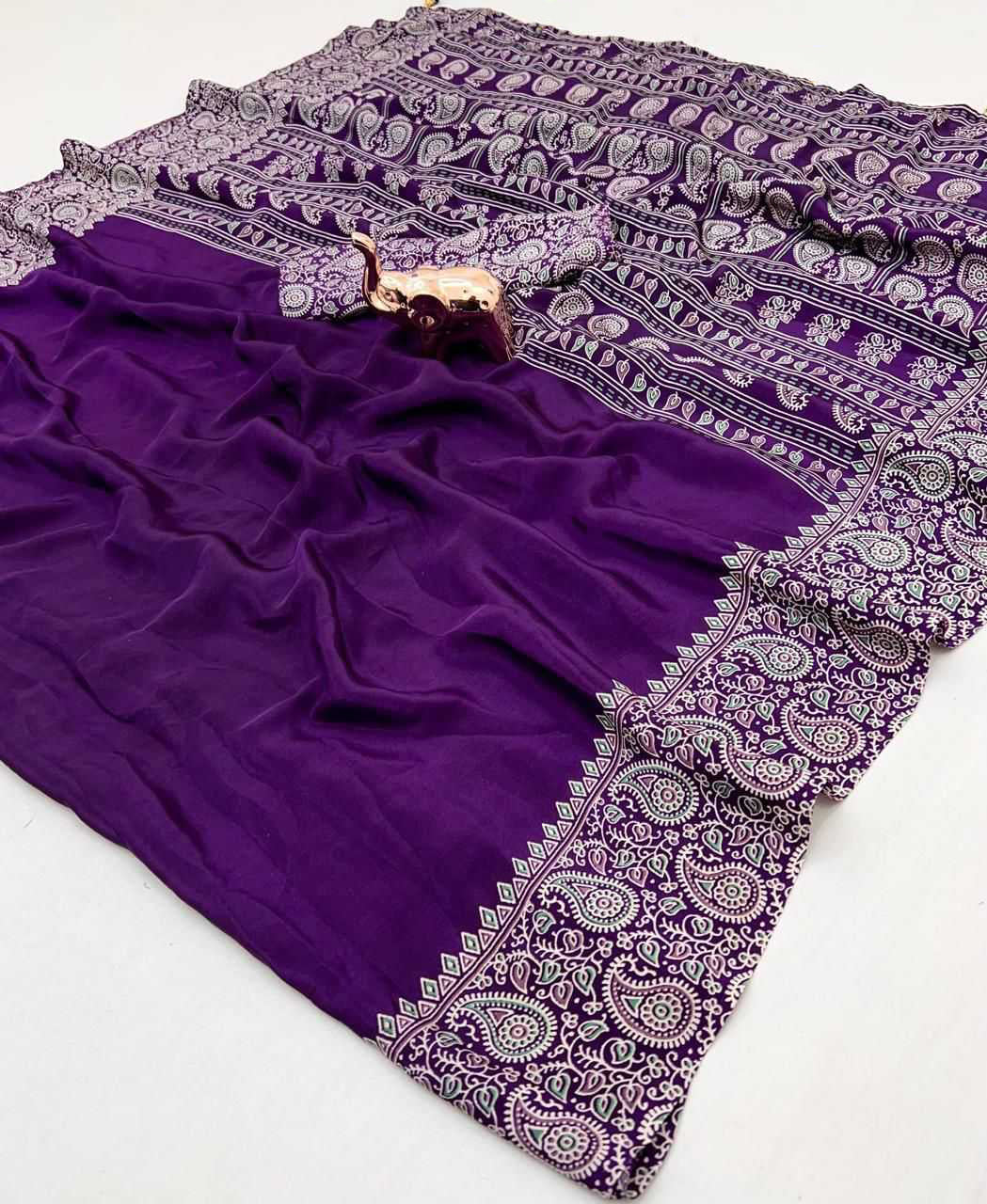 Soft Modal Silk Natural Ajrakh Printed Saree with Unstitched Blouse