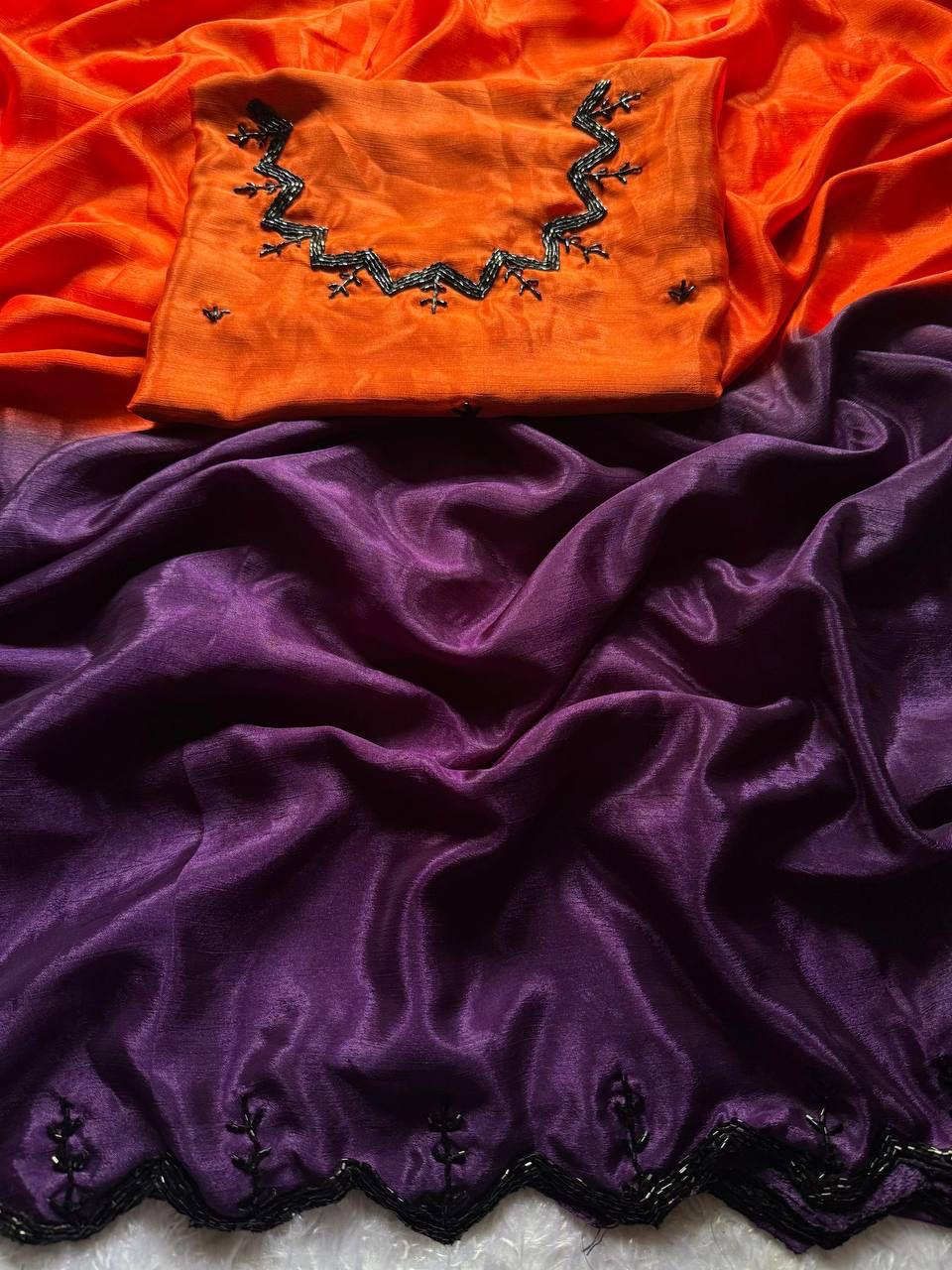 Soft Chinon Saree with Rich Black Cut Dana Handwork Border