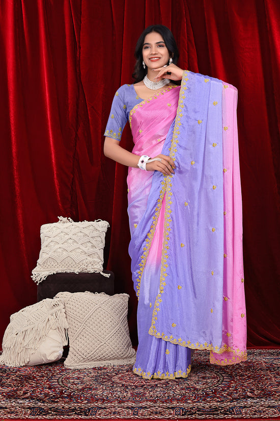 Chinon Saree in Dual Tone Shades with Embroidered Moti Border