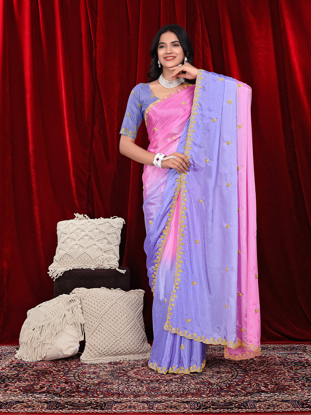 Chinon Saree in Dual Tone Shades with Embroidered Moti Border