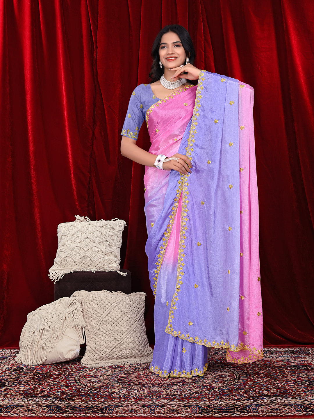 Chinon Saree in Dual Tone Shades with Embroidered Moti Border