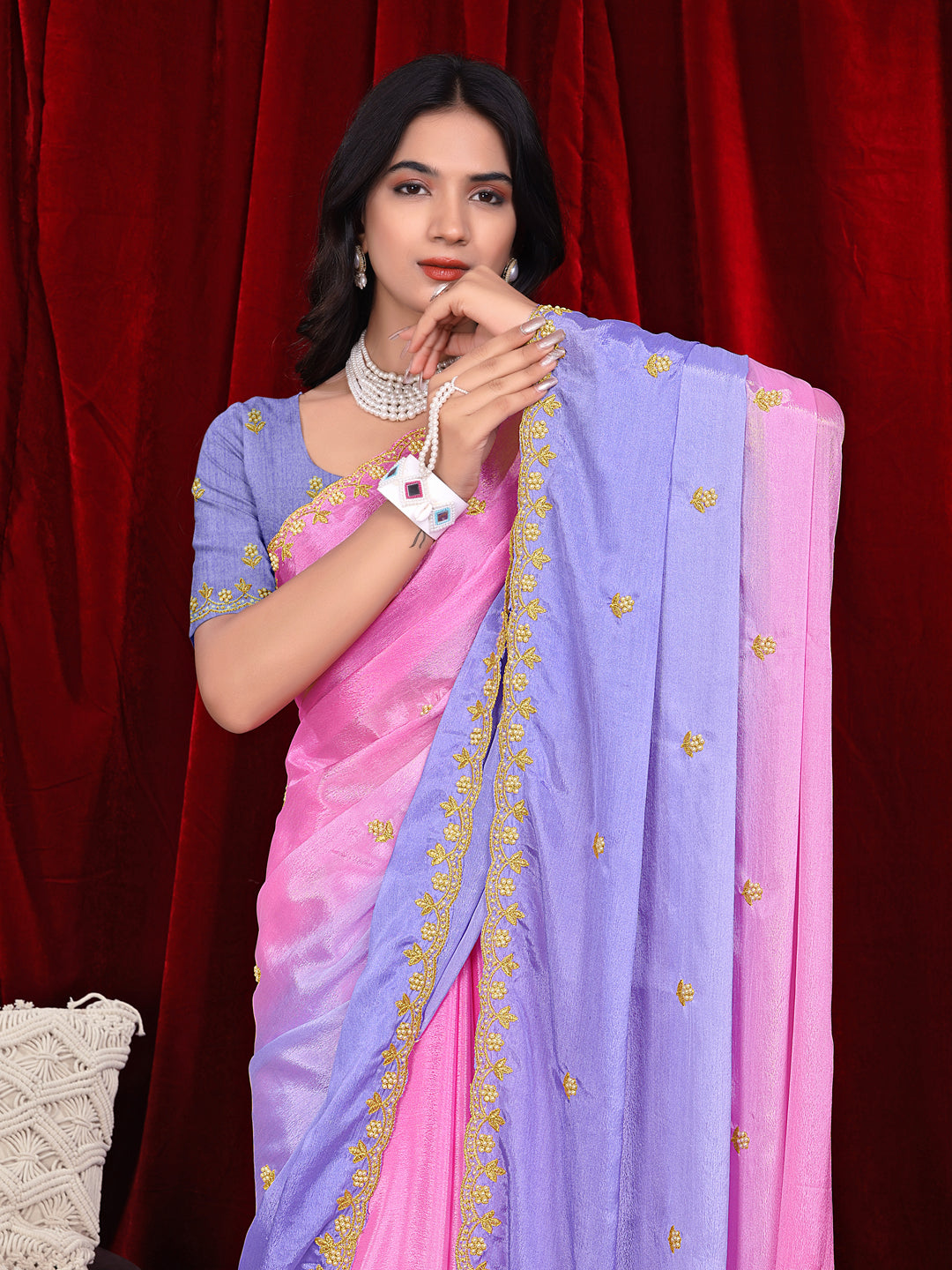 Chinon Saree in Dual Tone Shades with Embroidered Moti Border