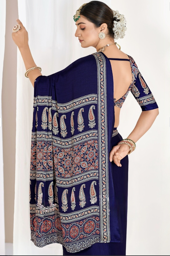 Soft Modal Silk Natural Ajrakh Printed Saree with Unstitched Blouse