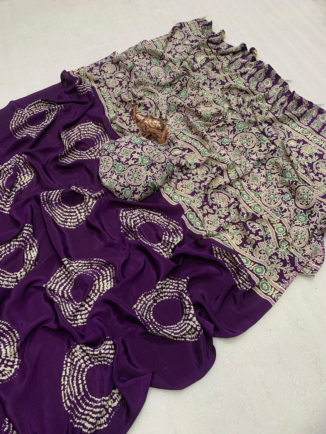 Satin Silk Saree with Ajrakh-Inspired Print & Circular Pallu Design