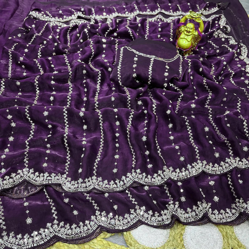 Chiffon Saree with Heavy Zari Embroidery & Scalloped Cutwork Border