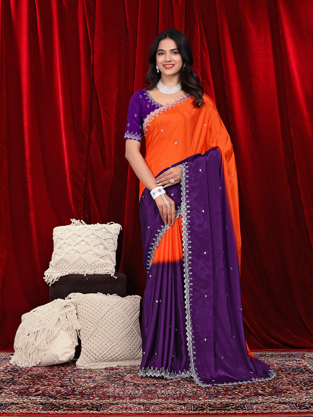 Chinon Embroidered Saree with Shaded Solid Color Design