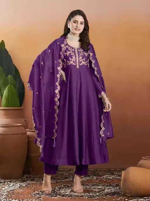 Silk Embroidered Anarkali Kurta, Pant & Dupatta Set
