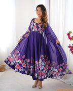 Women Floral Printed Organza Silk Flared Anarkali Kurta Set