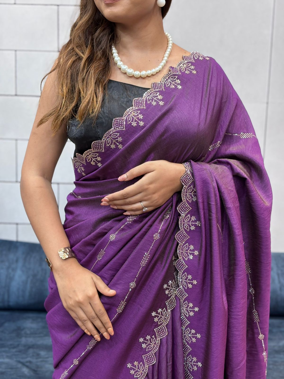 Two-Tone Chocolate Saree with Diamond Panel Handwork and All-Over Cutwork