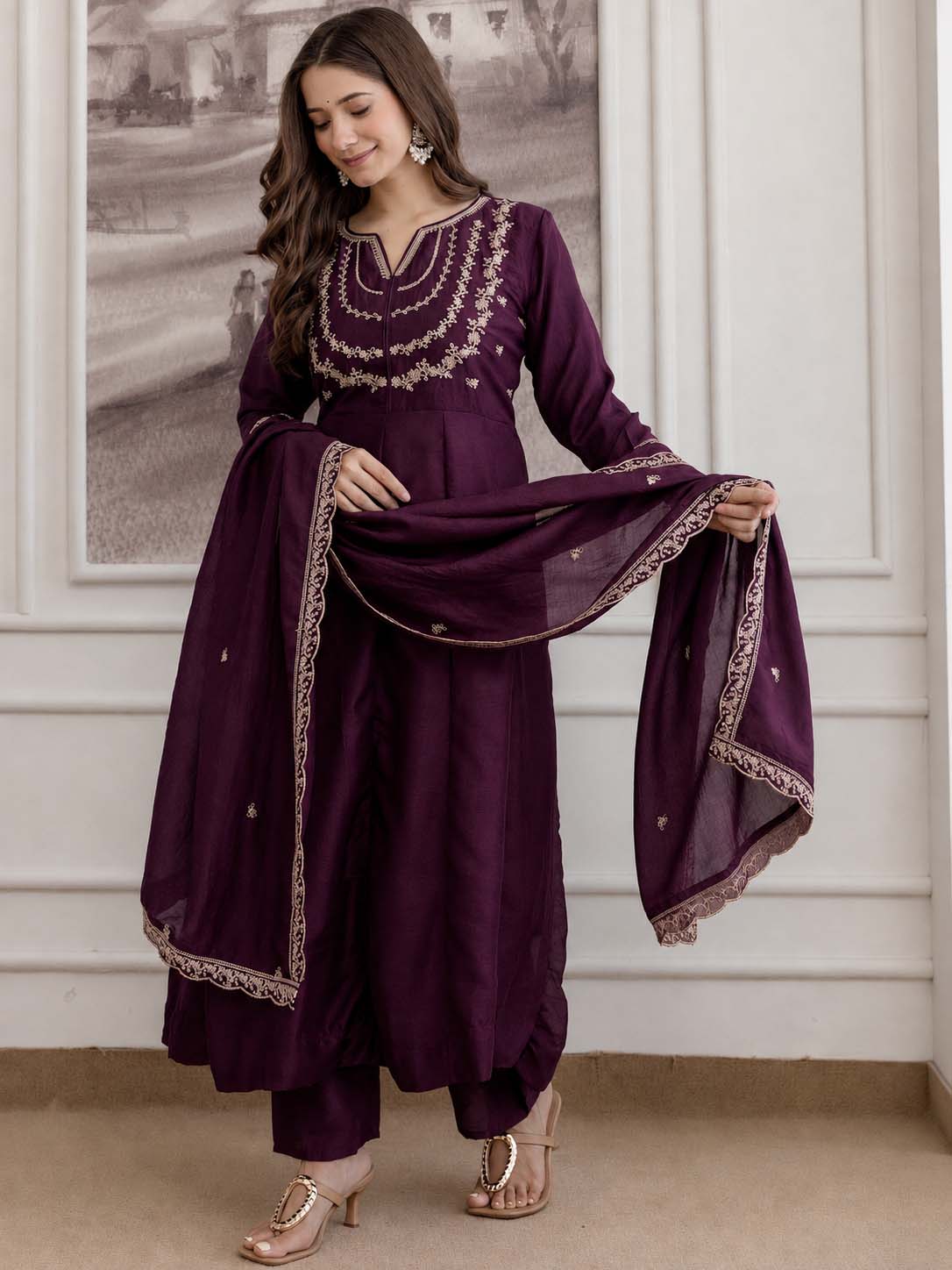 Embroidery Vichitra Silk Anarkali Kurta Pant Set With Dupatta