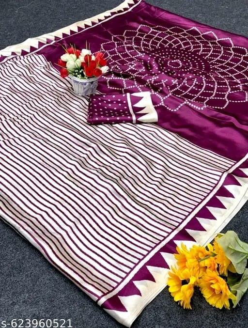 Crepe Silk Saree with Contemporary Geometric Stripes & Traditional Bandhani Print