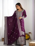 Chinon Embroidered Kurta with Sharara & Dupatta Set