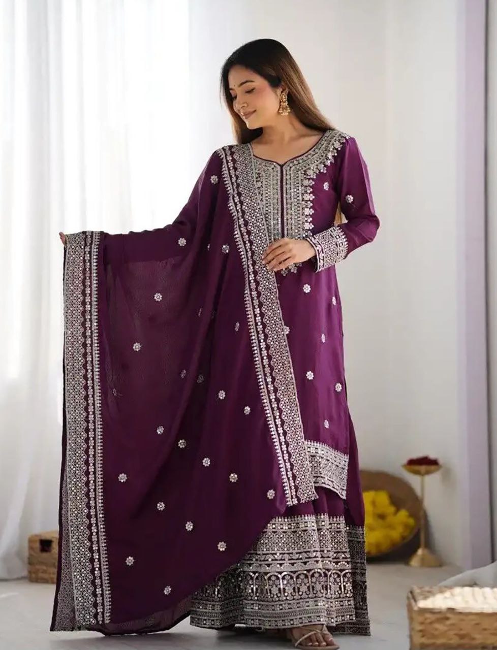 Chinon Embroidered Kurta with Sharara & Dupatta Set