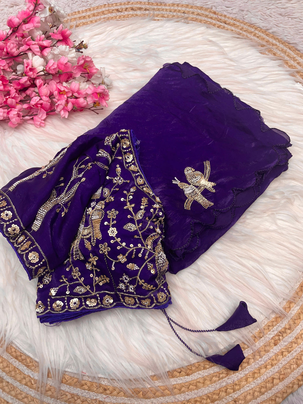 Satin Saree with Heavy Beaded Work Stitched Blouse