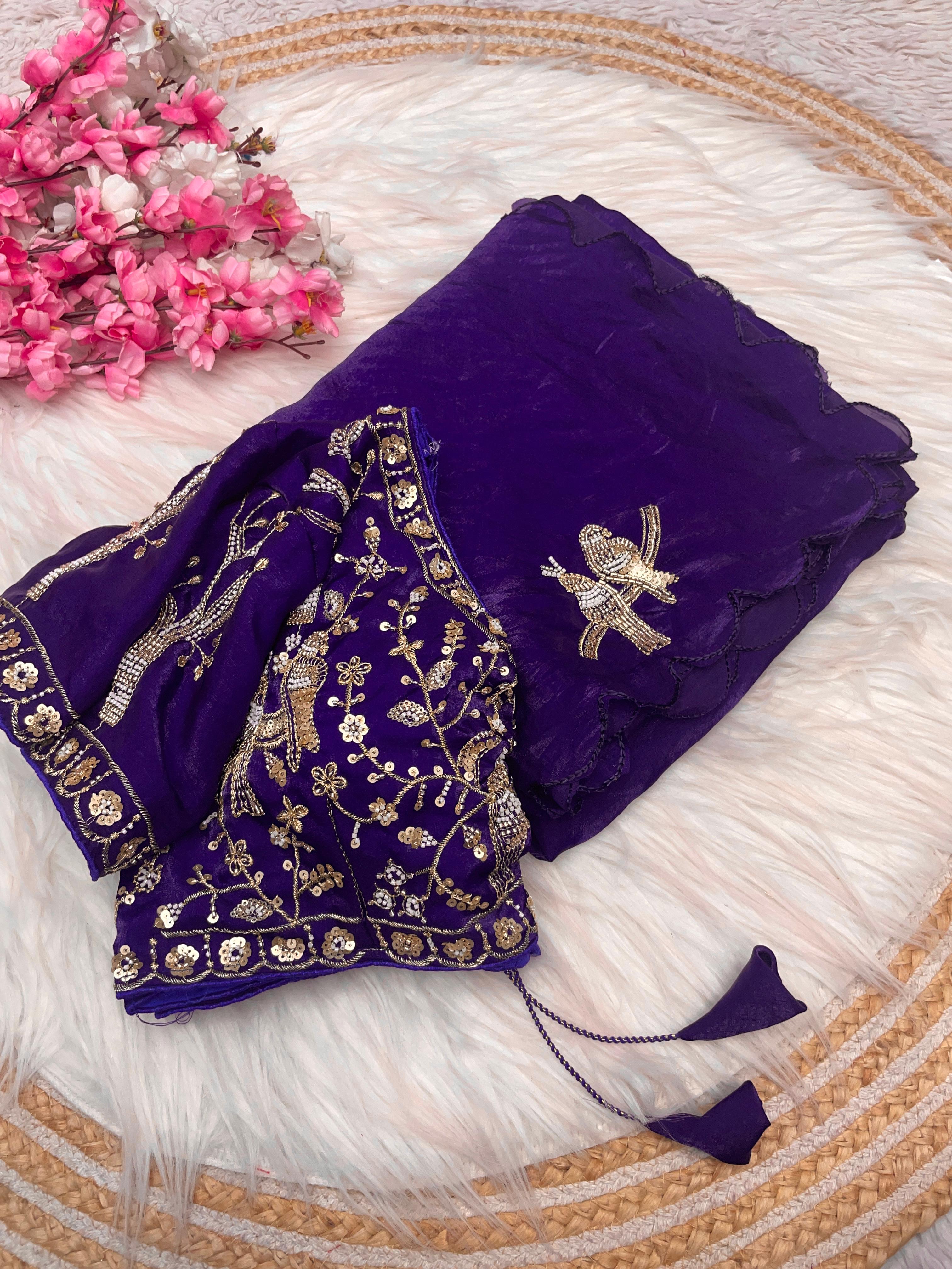 Satin Saree with Heavy Beaded Work Stitched Blouse