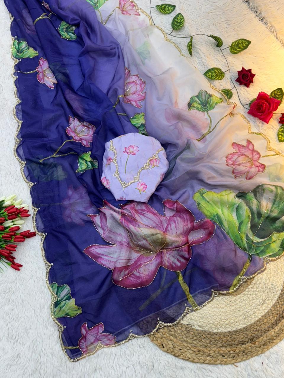 Celebrity Style Tabi Organza Saree with Padded Florals and Cut Dana Hand Work