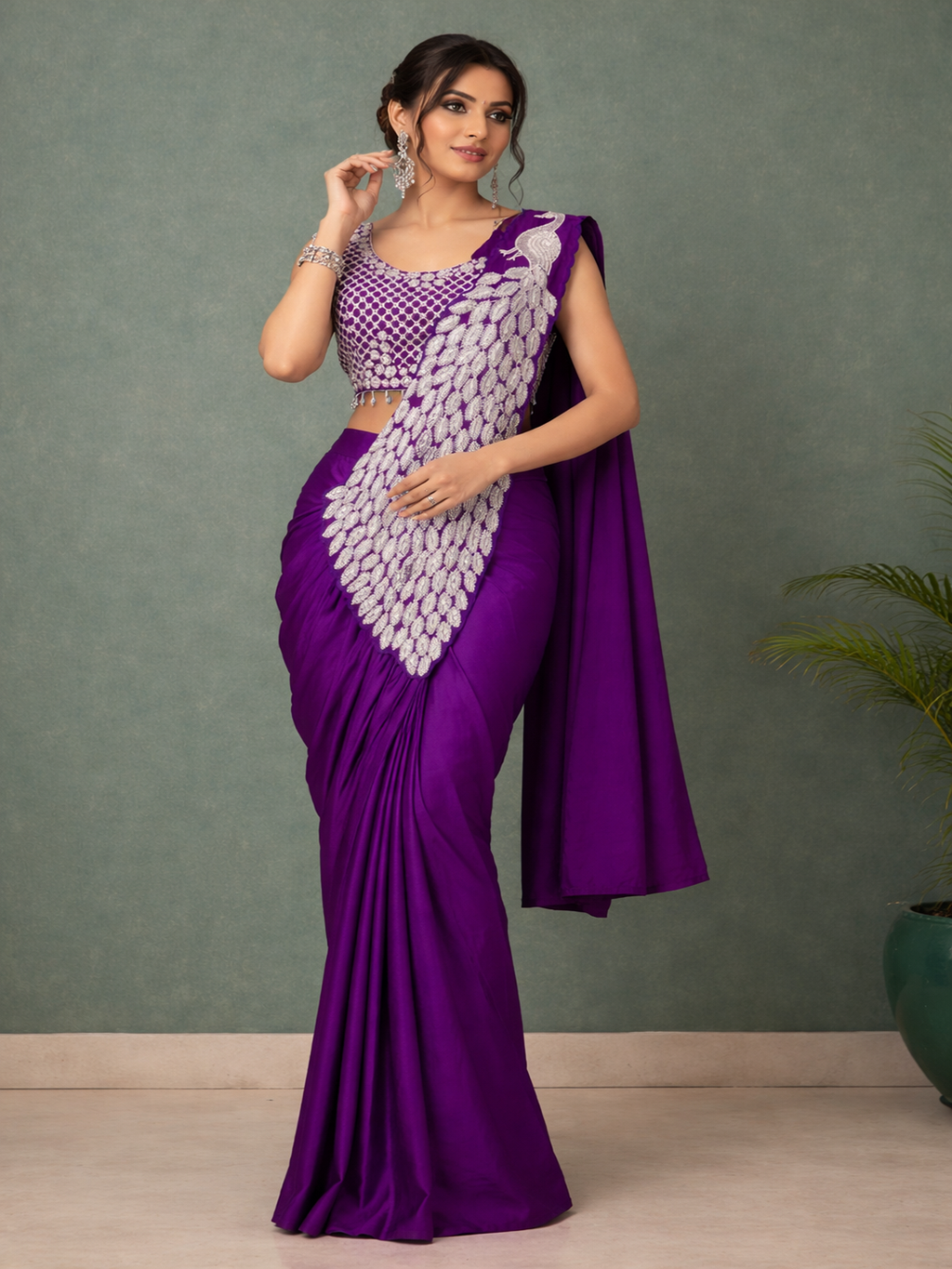 Ready to Wear Silk Crepe Saree with Heavy Embroidery Sequence Work Stitched Blouse