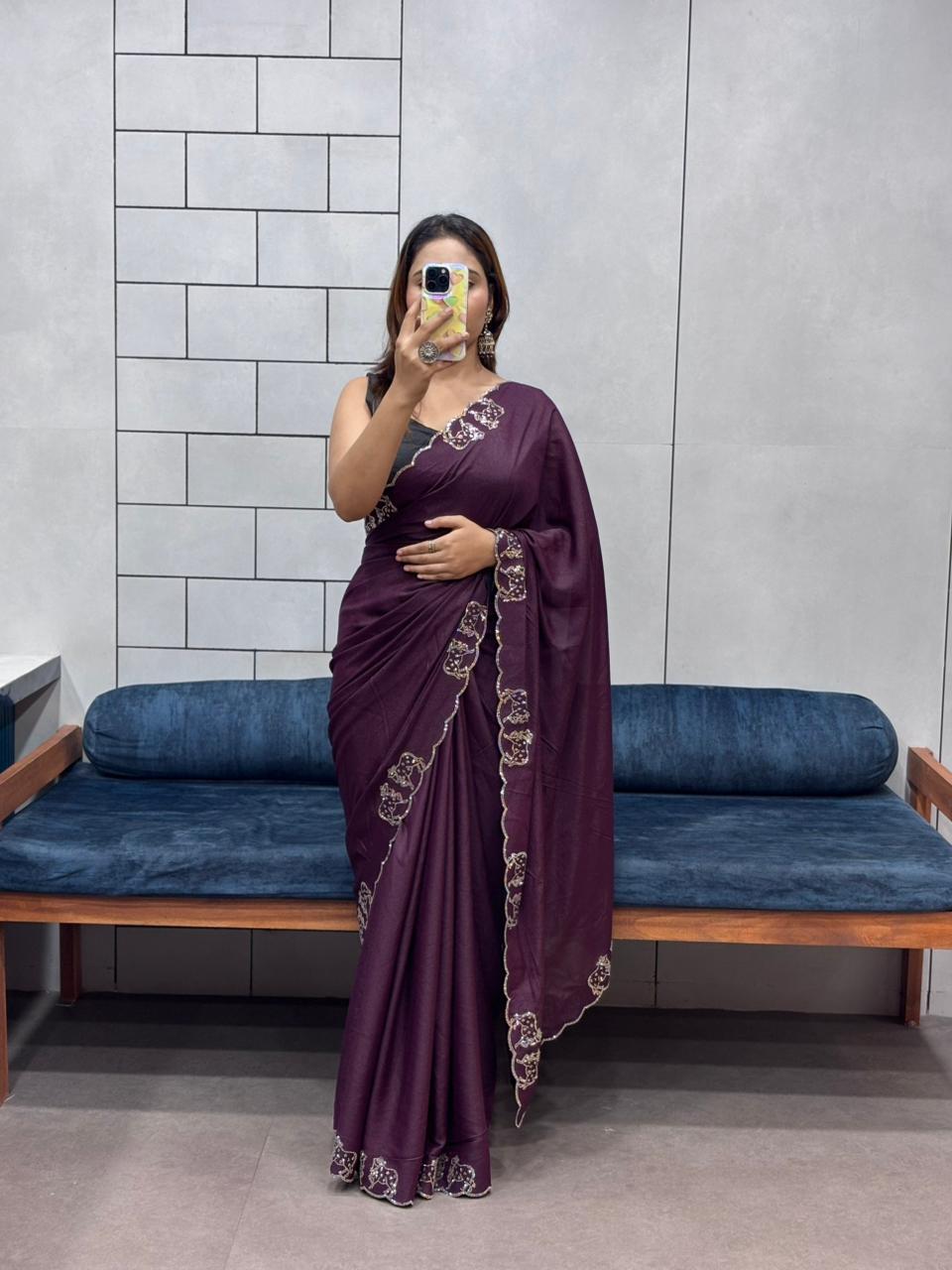 Shimmering Two-Tone Chiffon Saree with Exquisite Diamond Cut Work