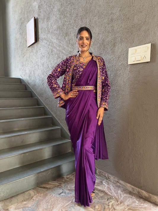 Heavy Chinon Jacket Saree With Blouse and Cording Embroidered Work