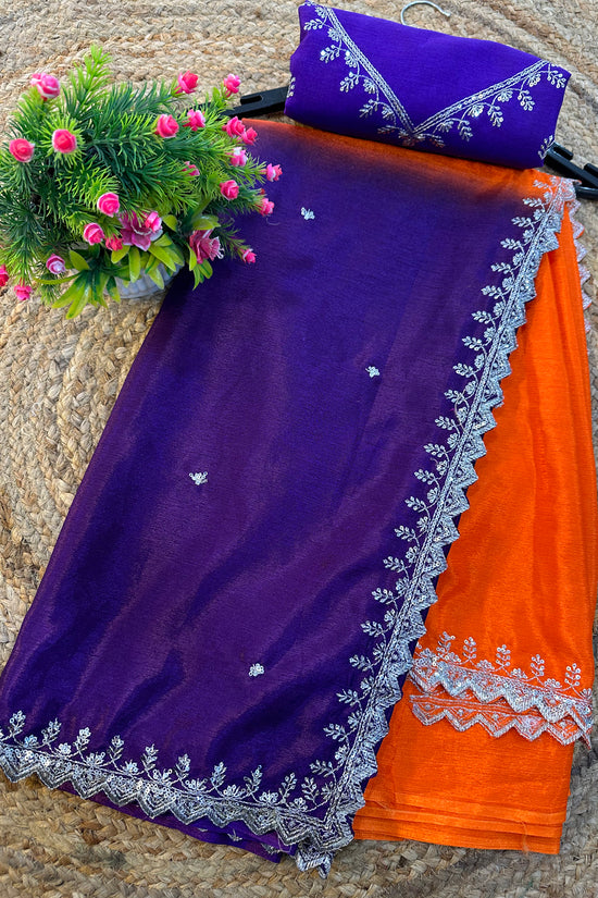 Chinon Embroidered Saree with Shaded Solid Color Design