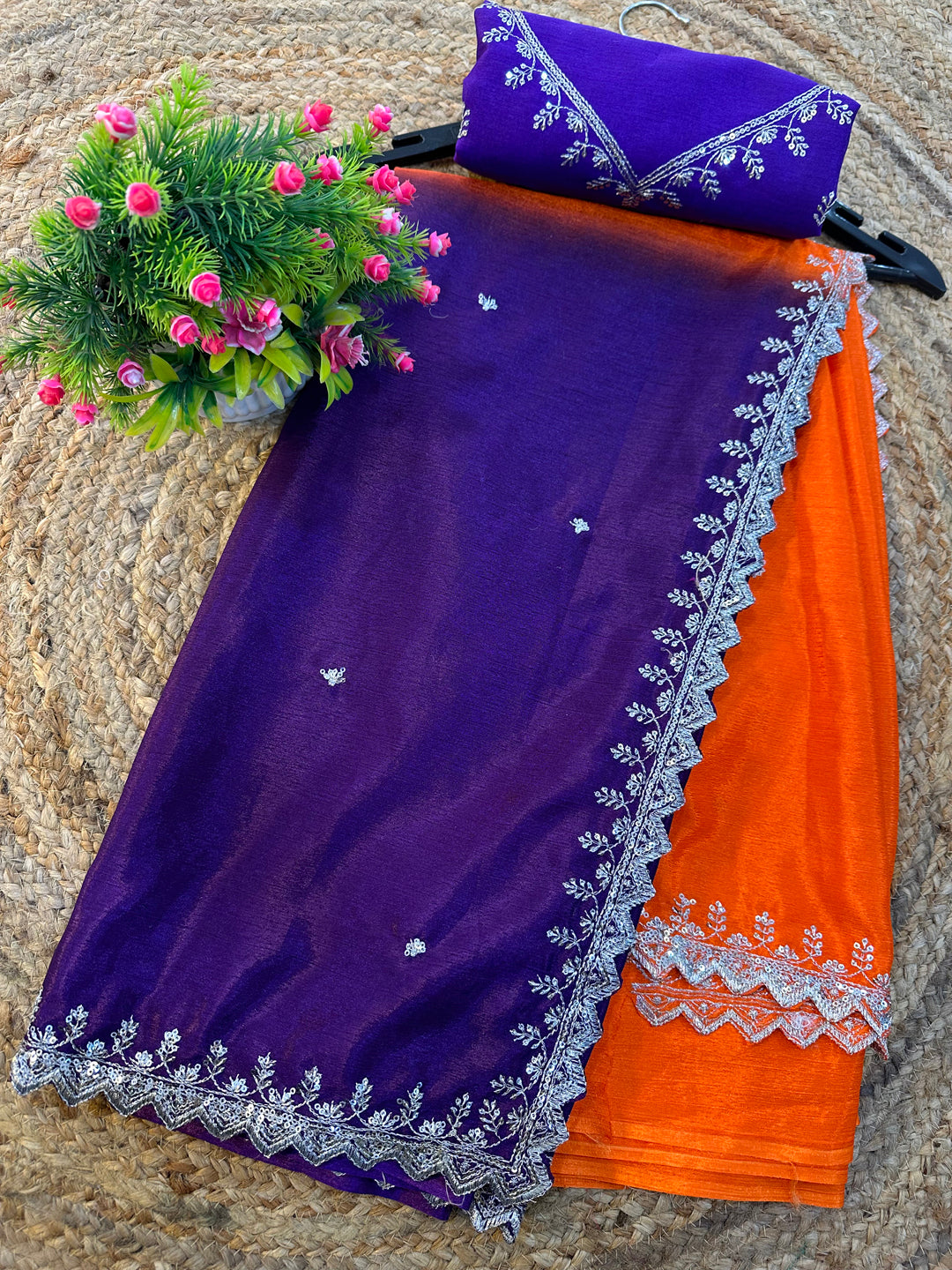 Chinon Embroidered Saree with Shaded Solid Color Design