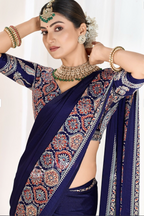 Soft Modal Silk Natural Ajrakh Printed Saree with Unstitched Blouse