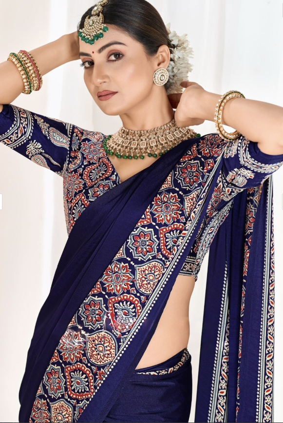 Soft Modal Silk Natural Ajrakh Printed Saree with Unstitched Blouse