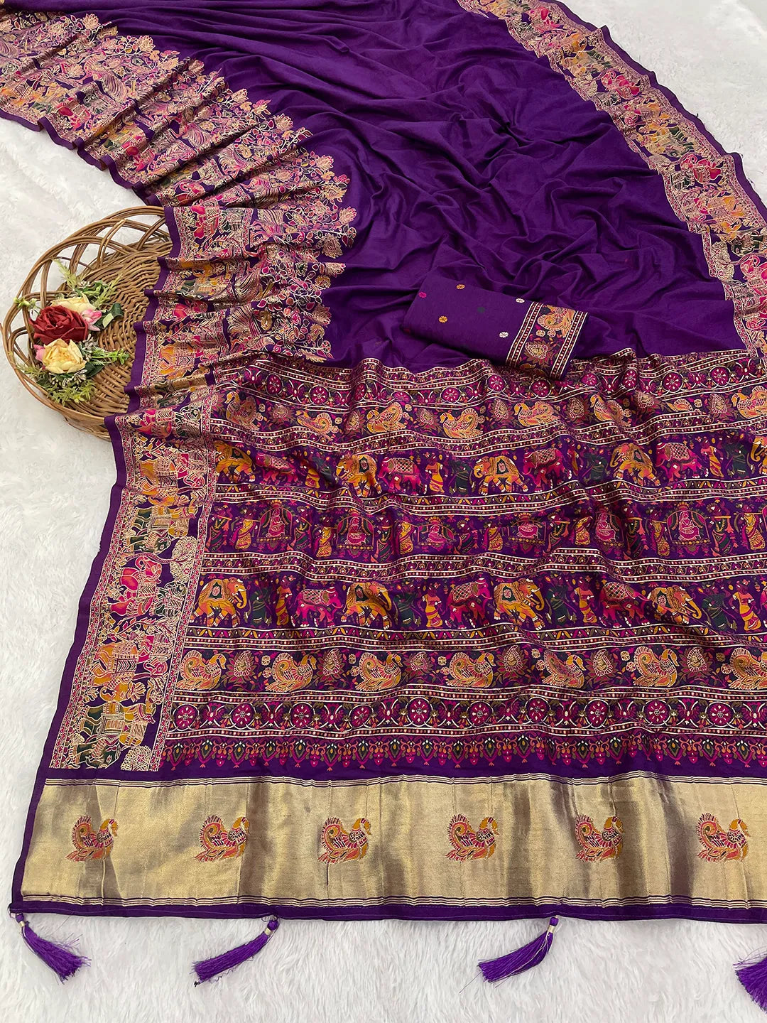 Floral Printed Woven Zari Pashmina Saree