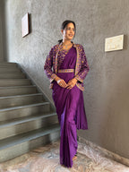 Heavy Chinon Jacket Saree With Blouse and Cording Embroidered Work